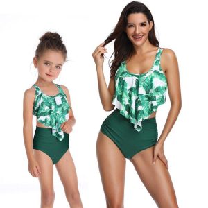 Maillot De Bain Mere Fille 2 Pieces Vert et Blanc