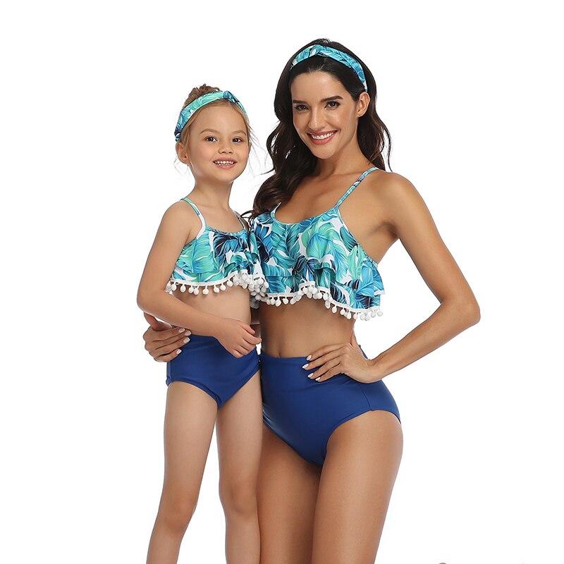 Maillot De Bain Mere Fille Deux Pieces Bleu à Pompons